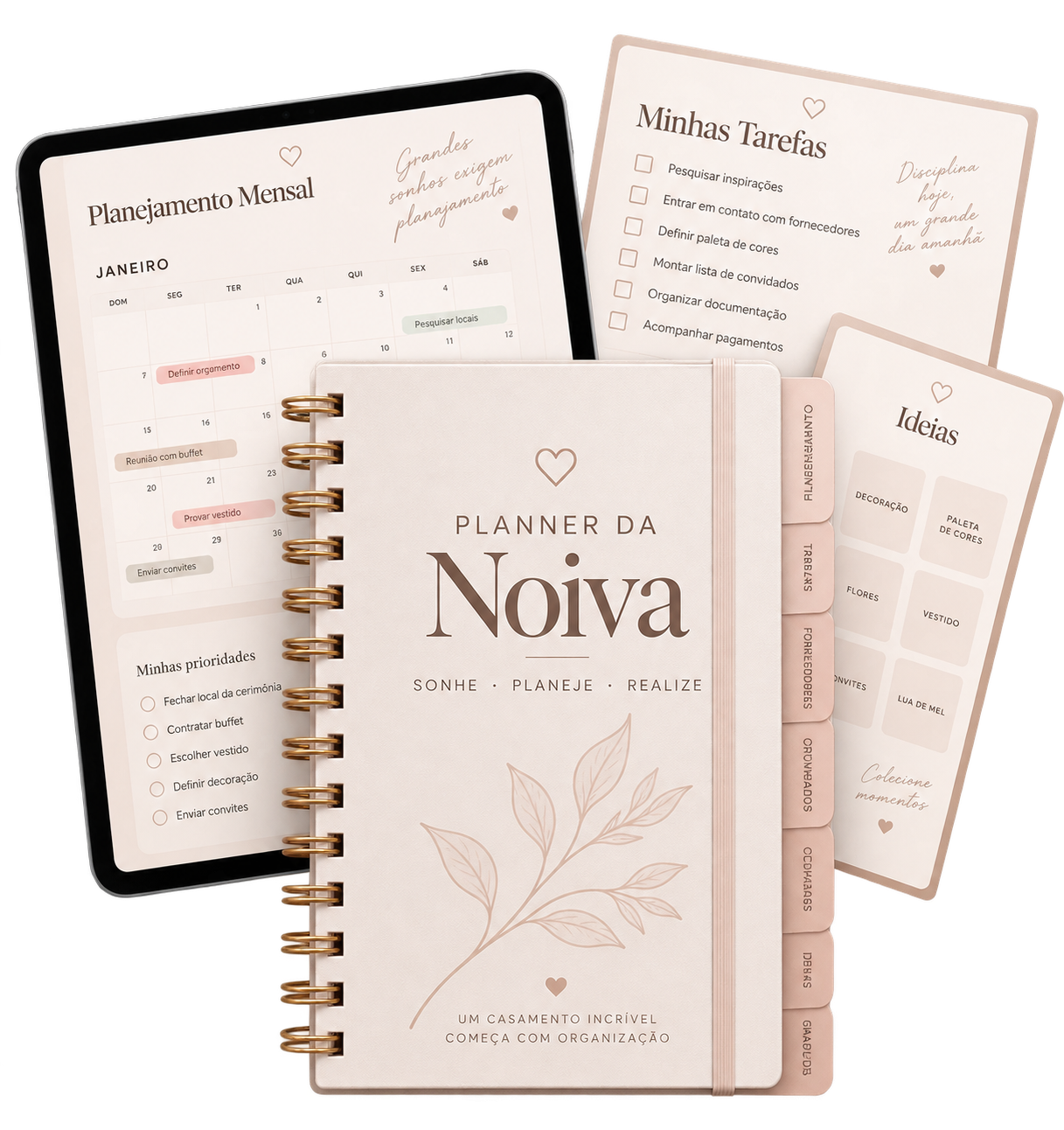 Planner da noiva com planejamento mensal, tarefas e ideias