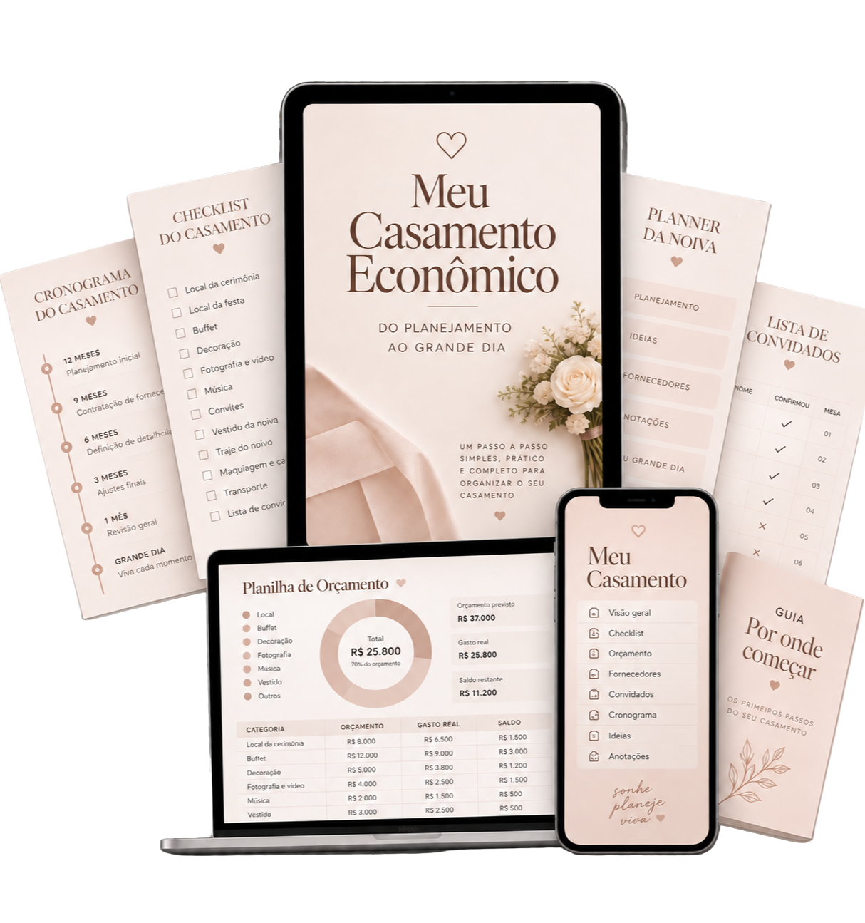 Mockup do kit Meu Casamento Econômico em tablet, notebook e celular