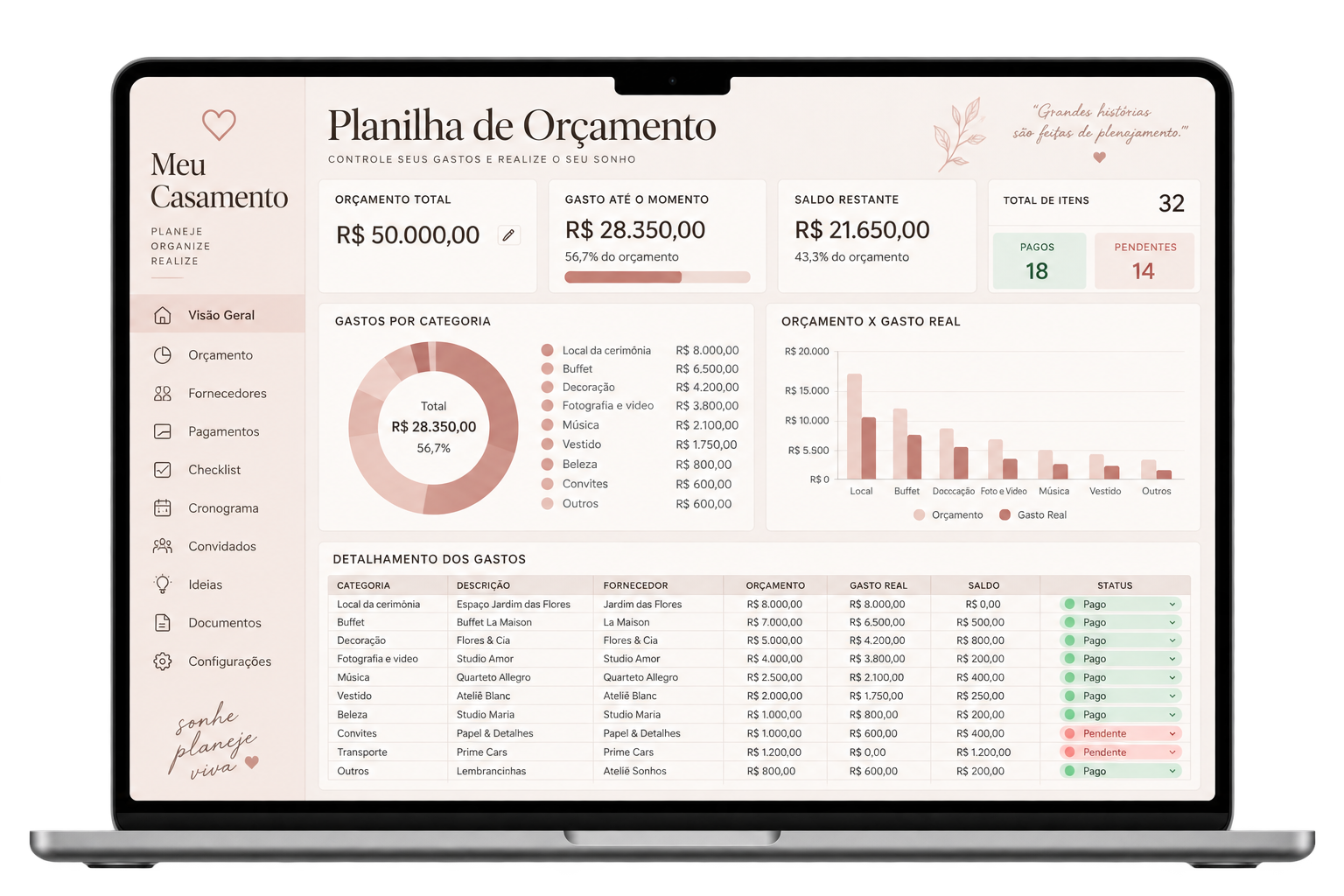 Planilha digital de orçamento do casamento exibida em um notebook